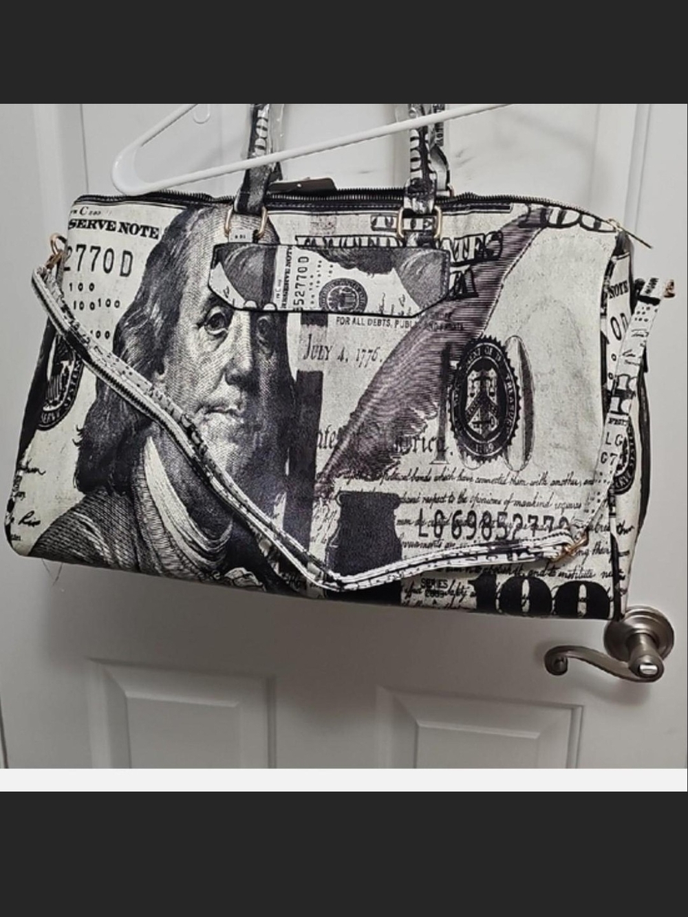 Brand New Caleesea Vegan Leather Money Duffle Bag in Black & White 19"L